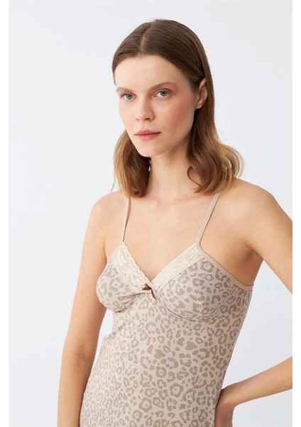Kadın Penye Vizon Leopar Desenli Ip Askılı Gecelik indirimleri
