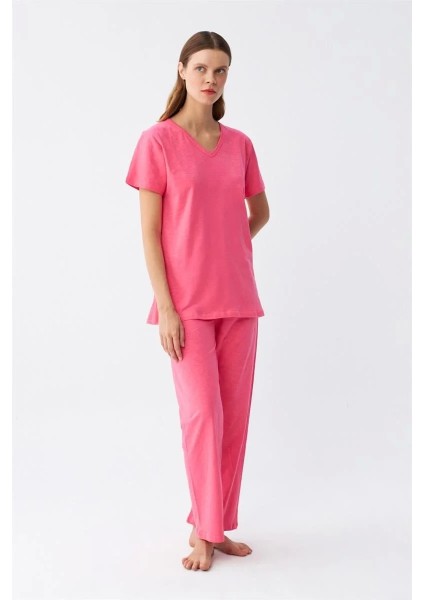 Kadın Kısa Kol Pamuk Penye Pijama Takım Fuşya