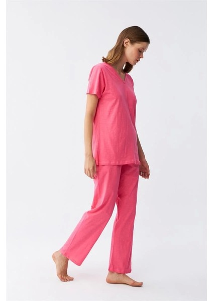 Kadın Kısa Kol Pamuk Penye Pijama Takım Fuşya modelleri