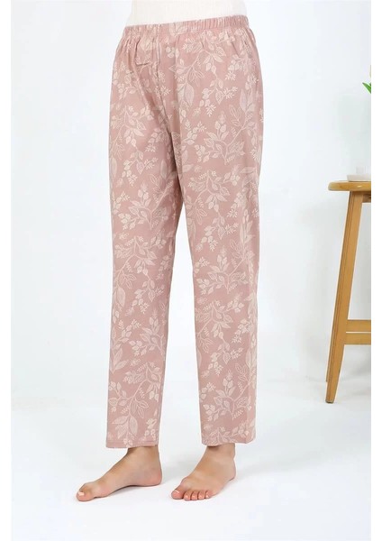 Kadın Penye Çiçek Desenli Tek Alt Pijama Pudra fırsatları