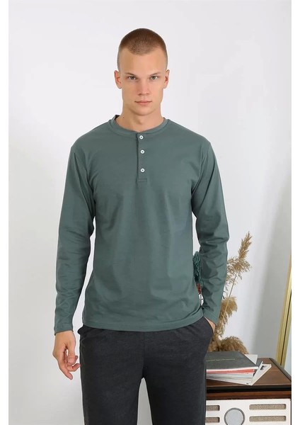 Erkek Penye Uzun Kol Pijama Takımı Haki