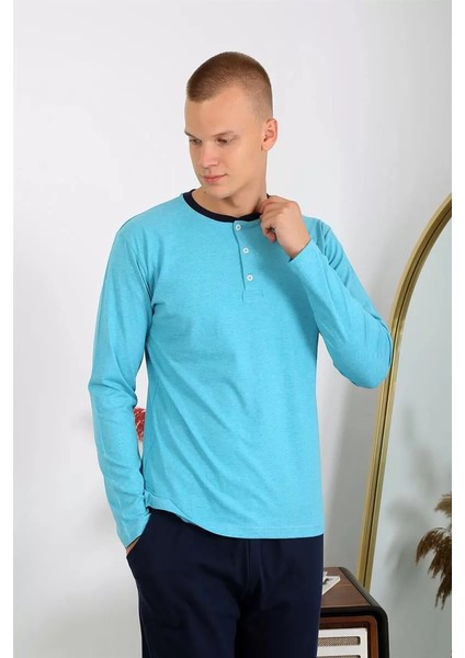 Erkek Penye Uzun Kol Pijama Takımı Turkuaz modelleri