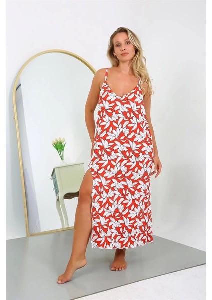 Kadın Büyük Beden Ip Askılı Pamuklu Uzun Gecelik