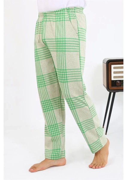 Erkek Ekoseli Desen Penye Tek Alt Pijama Yeşil