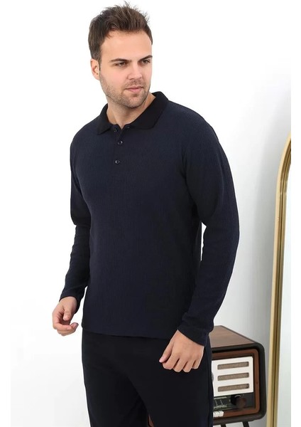 Erkek Polo Yaka Uzun Kol Penye Pijama Takımı Lacivert modelleri