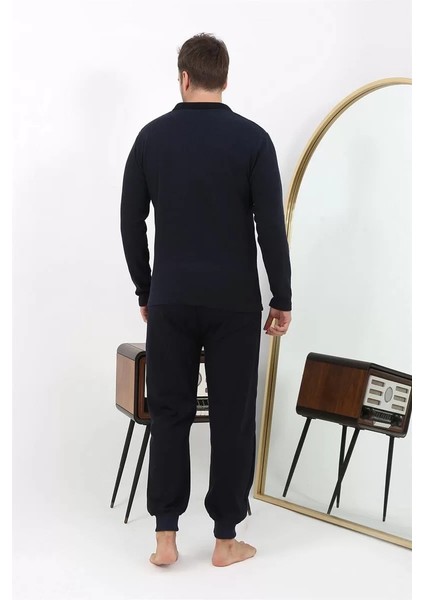 Erkek Polo Yaka Uzun Kol Penye Pijama Takımı Lacivert indirimleri