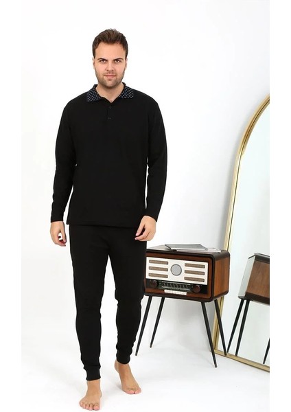 Erkek Polo Yaka Uzun Kol Penye Pijama Takımı Siyah indirimleri