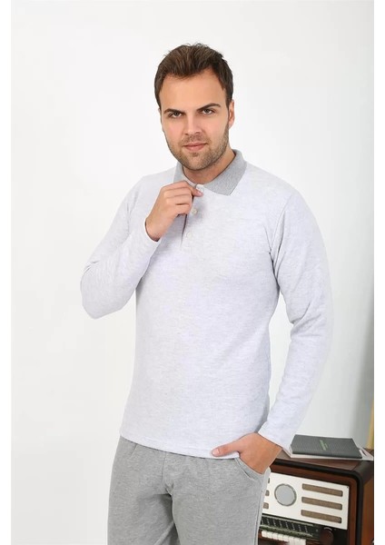 Erkek Polo Yaka Uzun Kol Penye Pijama Takımı Gri