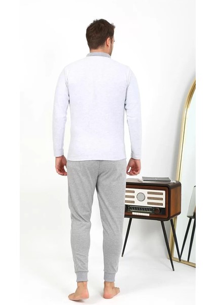 Erkek Polo Yaka Uzun Kol Penye Pijama Takımı Gri fırsatları