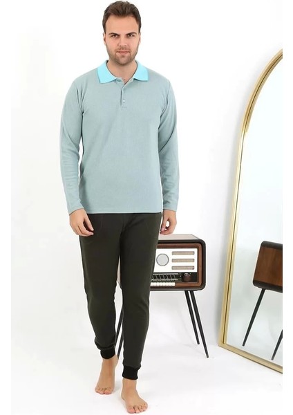 Erkek Polo Yaka Uzun Kol Penye Pijama Takımı Su Yeşili indirimleri