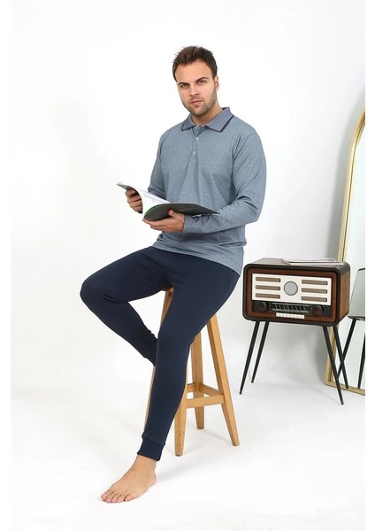 Erkek Polo Yaka Uzun Kol Penye Pijama Takımı Gri