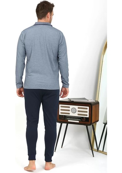 Erkek Polo Yaka Uzun Kol Penye Pijama Takımı Gri indirimleri