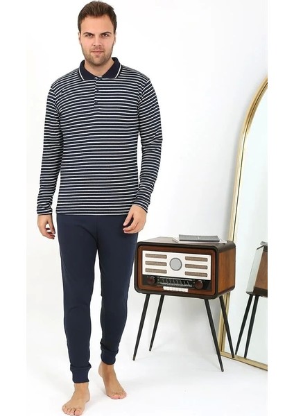 Erkek Polo Yaka Uzun Kol Penye Pijama Takımı Lacivert modelleri