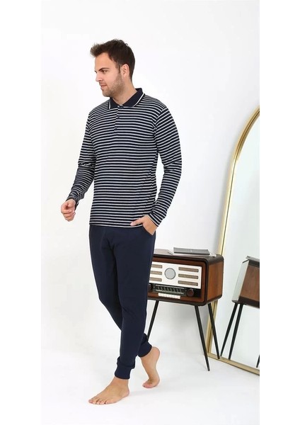 Erkek Polo Yaka Uzun Kol Penye Pijama Takımı Lacivert indirimleri