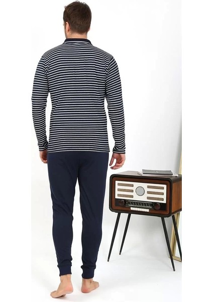 Erkek Polo Yaka Uzun Kol Penye Pijama Takımı Lacivert