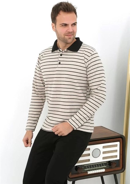 Erkek Polo Yaka Uzun Kol Penye Pijama Takımı Krem fiyatları