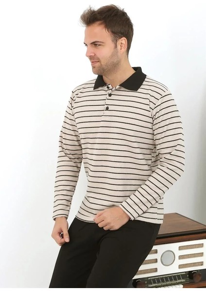 Erkek Polo Yaka Uzun Kol Penye Pijama Takımı Krem modelleri