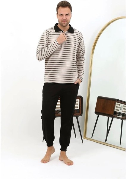 Erkek Polo Yaka Uzun Kol Penye Pijama Takımı Krem fırsatları