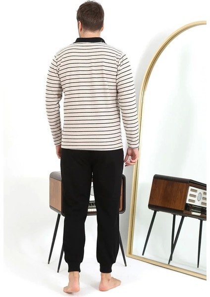 Erkek Polo Yaka Uzun Kol Penye Pijama Takımı Krem