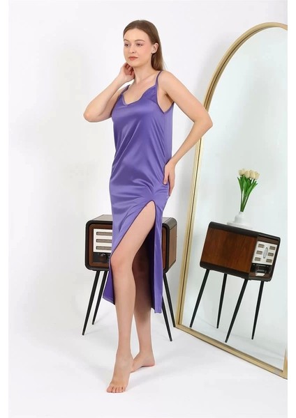 Yırtmaçlı Uzun Saten Gecelik Mor modelleri