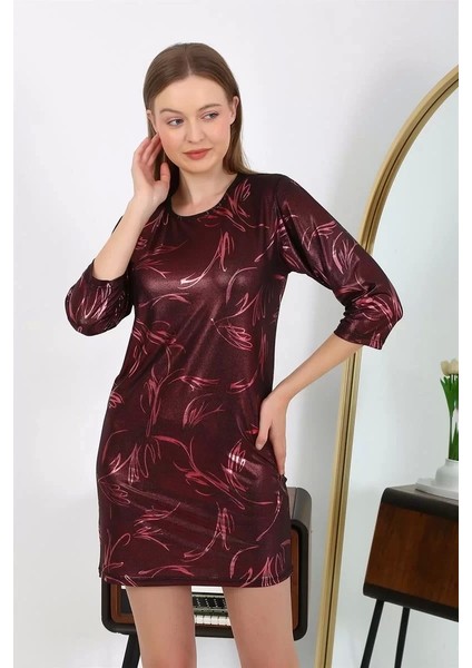 Kadın Micro Kumaş Mini Parlak Elbise Bordo