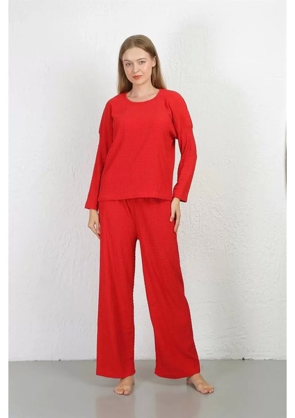 Kadın Bürümcük Kumaş Pijama Takım Kırmızı