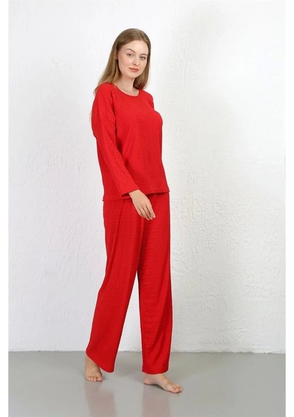 Kadın Bürümcük Kumaş Pijama Takım Kırmızı modelleri
