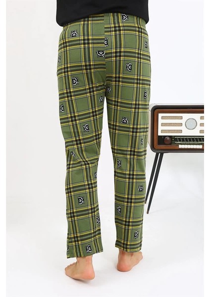 Erkek Ekoseli Desen Penye Tek Alt Pijama Haki