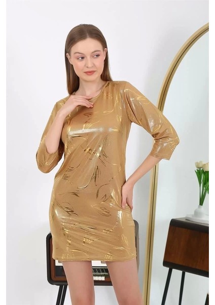 Kadın Micro Kumaş Mini Parlak Elbise Sarı