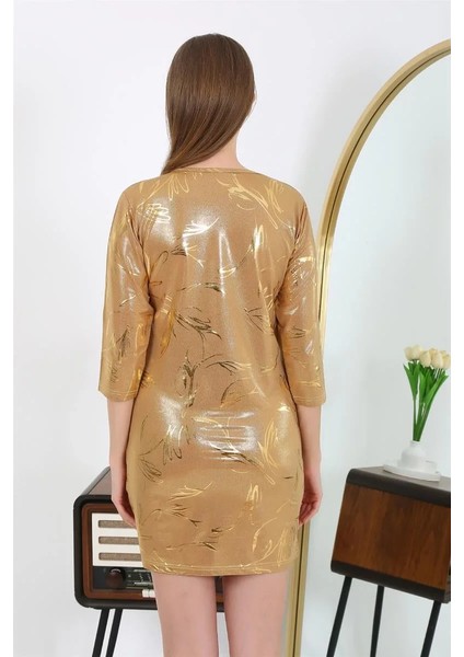 Kadın Micro Kumaş Mini Parlak Elbise Sarı