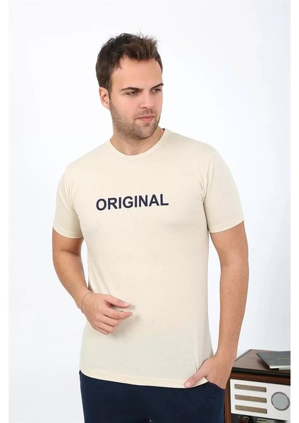 Erkek Kısa Kol Penye Pijama Takımı Krem