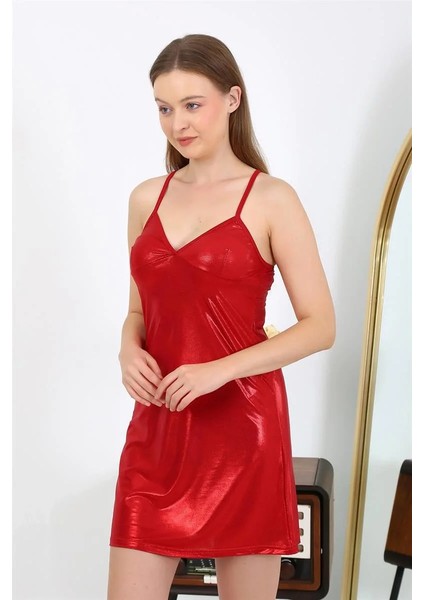 Ip Askılı Micro Kumaş Kısa Parlak Gecelik Ev Giyim Kırmızı modelleri