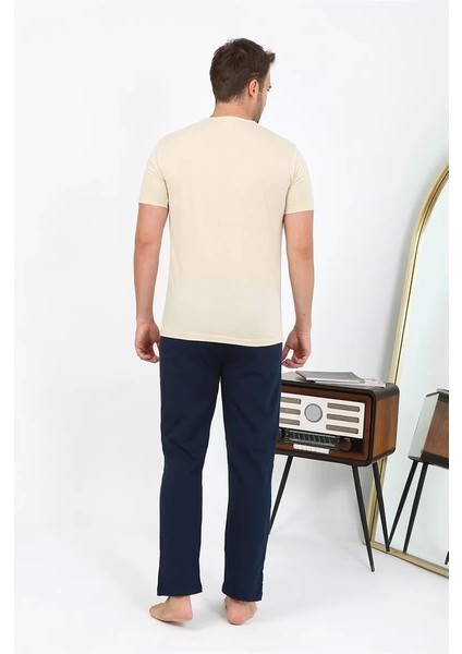 Erkek Kısa Kol Penye Pijama Takımı Krem modelleri