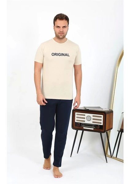 Erkek Kısa Kol Penye Pijama Takımı Krem indirimleri
