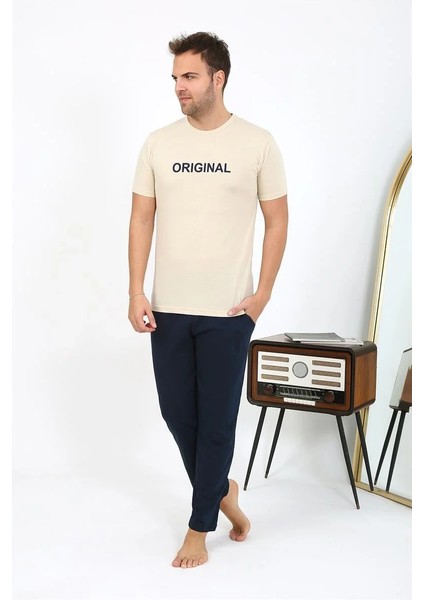 Erkek Kısa Kol Penye Pijama Takımı Krem
