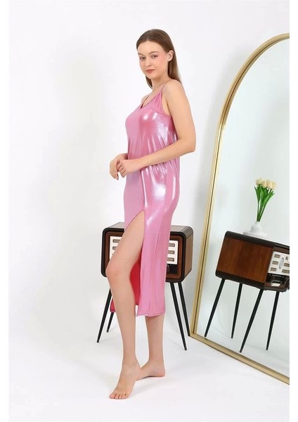 Kadın Ip Askılı Uzun Parlak Micro Elbise Gecelik Pembe modelleri