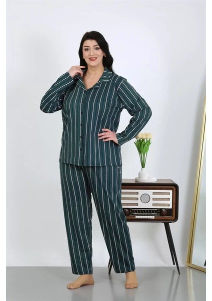 Kadın Büyük Beden Pamuklu Cepli Düğmeli Petrol Pijama Takım fırsatları