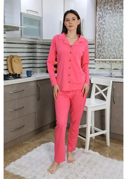 Kadın Pamuk Penye Önden Düğmeli Uzun Kol Pijama Takım Pembe