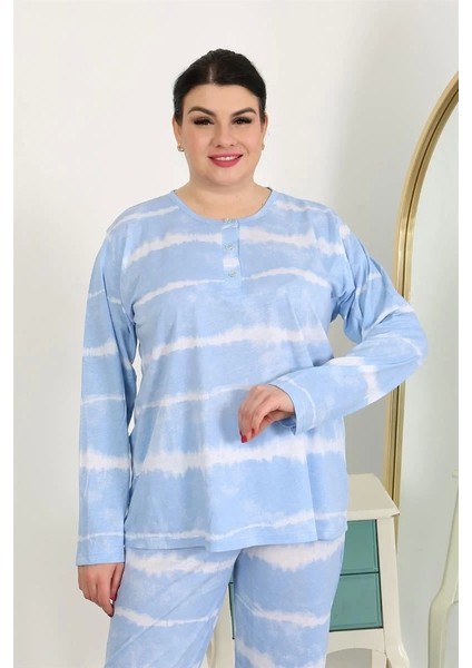 Kadın Büyük Beden Uzun Kol Penye Pijama Takımı Mavi