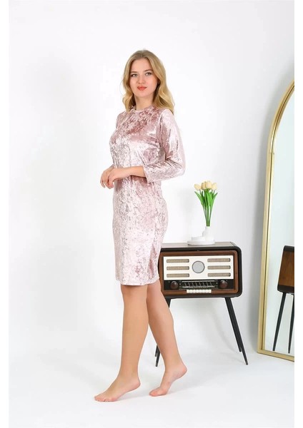 Kadife Ev Elbisesi Tunik Gecelik Pudra fırsatları