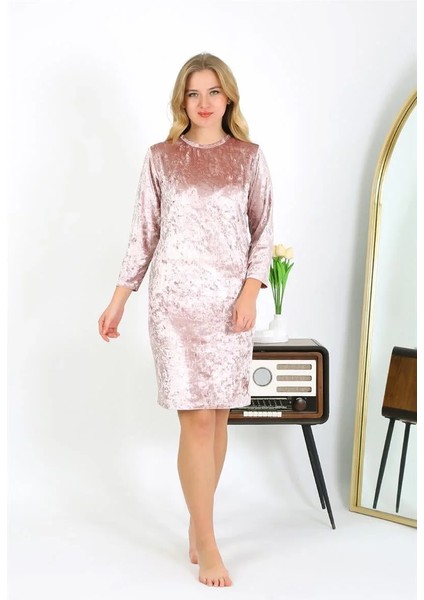 Kadife Ev Elbisesi Tunik Gecelik Pudra