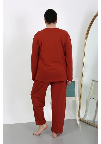 Kadın Büyük Beden Uzun Kol Penye Pijama Takımı Kiremit