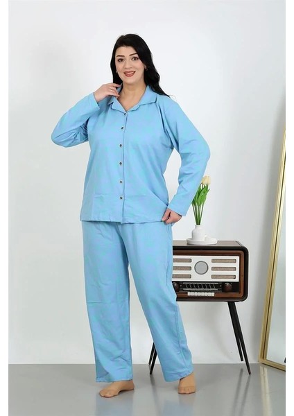 Kadın Büyük Beden Pamuklu Cepli Düğmeli Mavi Pijama Takım modelleri