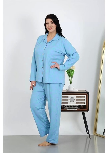 Kadın Büyük Beden Pamuklu Cepli Düğmeli Mavi Pijama Takım fırsatları