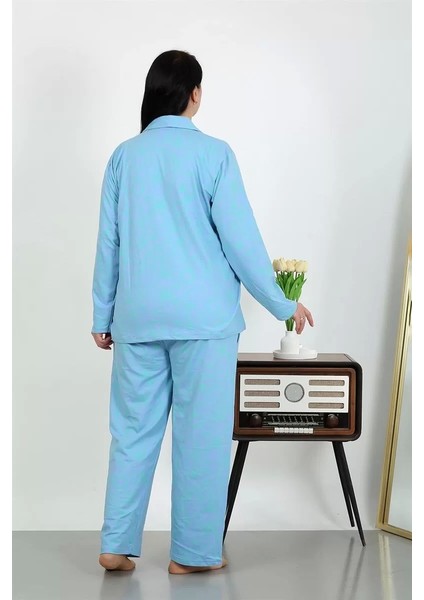 Kadın Büyük Beden Pamuklu Cepli Düğmeli Mavi Pijama Takım