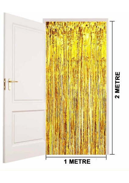 Bfs Altın Gold Renk Ekstra Metalize Parlak Saçaklı Arka Fon Perde Ithal 1x2 Metre
