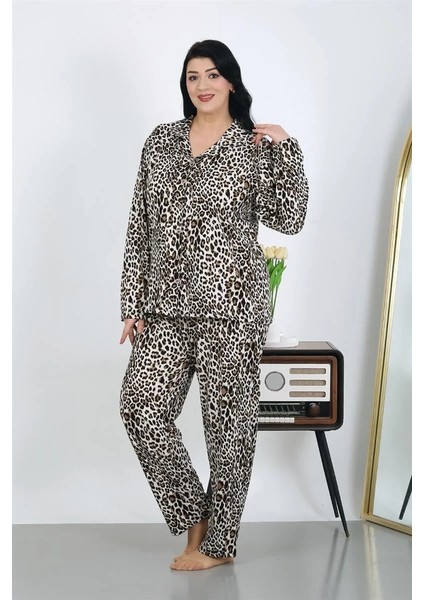 Kadın Büyük Beden Pamuklu Cepli Düğmeli Kahve Pijama Takım
