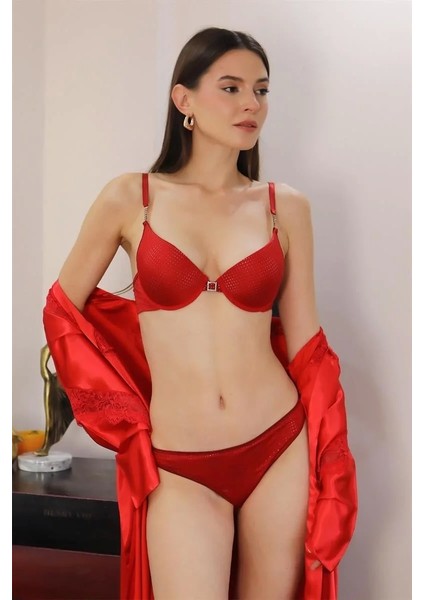 Kadın Destekli Aksesuarlı Sütyen Takım Kırmızı