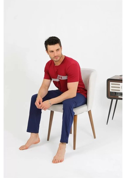 Erkek Pamuk Kısa Kol Pijama Takım Bordo modelleri