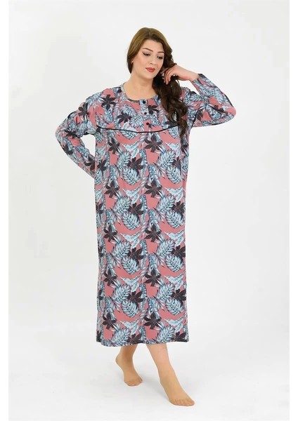 Kadın Büyük Beden Uzun Kol Somon Anne Gecelik